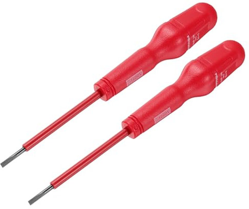 sourcing map 2pcs 1000v Insulated Electrician Screwdriver 3x75mm CR-V Magnetic Slotted Flat Head Insulation Screwdrivers, Red