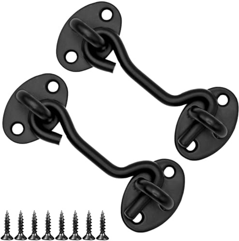 LICQIC Cabin Hook, Gate Latch Hook, 2 Pcs 75 mm/3 in, Black | Stainless Steel Eye Latch for Garage, Shed Door, Window