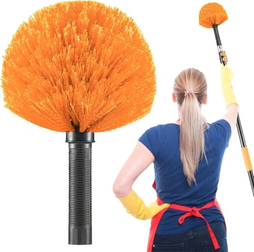 Cobweb Duster Brush Head, Spider Web Cleaning Tool, Indoor & Outdoor Use, Fits 3/4 Inch Acme Threaded Poles (Orange)
