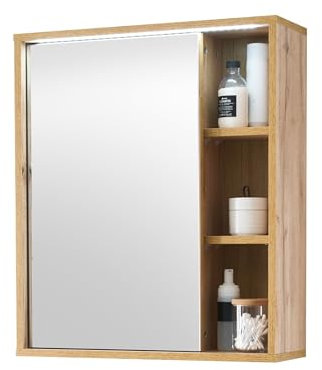 möbelando Greece Spiegelschrank Bad mit LED-Beleuchtung in Wotan Eiche Optik - Badezimmerspiegel Schrank mit viel Stauraum - 60 x 70 x 20 cm (B/H/T)