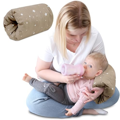 Stillkissen klein Breastfeeding und Nursing Pillow für unterwegs 20 cm - Stillmuff Armkissen und Lagerungskissen Baby Arm Still Kissen aus weicher Baumwolle Oeko-Tex Beige mit Weiß Sternen