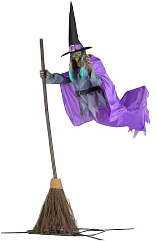 Flying Witch Halloween Decor Broom | Spooky Flying Witch Decor With Broom,Halloween Magics Broom Witch With Scary Sounds And Lighted Eyes,Spooky Flying Witch Decor For Haunted House,Cosplay Party
