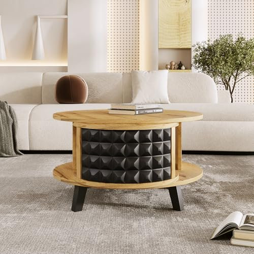 BTM Table Basse Ronde avec Plateau de Rangement Rotatif, Table Basse Salon Ronde avec Rangement Caché, Table d’appoint en Bois, Style Moderne, Design Bicolore, 85.2x80x45.2cm, Bois Naturel et Noir