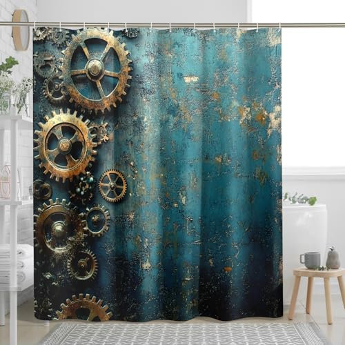 Industrial Gear Duschvorhang, Vintage-Stil, rostiges Gold, Badezimmer-Dekor, Herbst, Winter, rustikal, modern, wasserdicht, Stoff-Duschvorhang-Set mit Haken, 157 x 183 cm