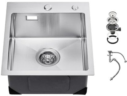 VEVOR Fregadero de Cocina de Acero Inoxidable 304 con Montaje Superior, Lavabo de Granja de Un Solo Tazón con Accesorios, para RV, Cocina de Preparación, Lavadero, Bar, 400 x 450 x 190 mm, Plata