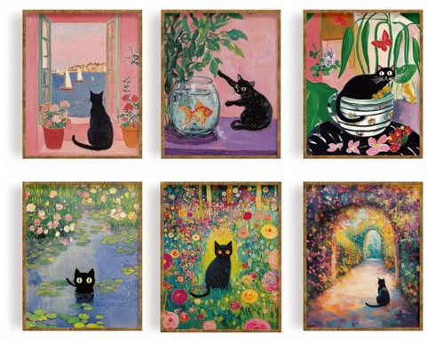 WEBEEDY 6 Stile Schwarze Katzen Wandkunst Drucke Niedliche Katze Drucke für Wanddekoration Ungerahmt Abstrakte Katze Poster Leinwand Wandkunst für Büro Heimdekoration, 20x25cm