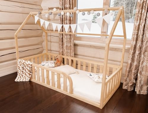 Mandrele - Montessori Bett, Hausbett mit Lattenrost, Rausfallschutz Bett, Bodenbett, Kinderbett, Holzbett mit Bettgestell für Jungen und Mädchen, 200x120cm, Natur Holz