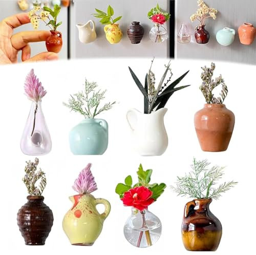 Cute Mini Ceramic Vase Magnets for Fridge, Refrigerator Magnets, Magnetic Vase Flower Fridge Magnet, Tiny 3D Magnetic Stickers for Refrigerator Kitchen Locker Office Decoration (8 Pcs)