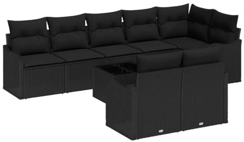 vidaXL Garten-Sofa-Set mit Kissen 9 pcs Schwarz Poly Rattan, Modernes Garten- und Terrassenmodular, Outdoormöbel-Sofaset, verstellbare Füße, vielseitige Lounge-Konfiguration