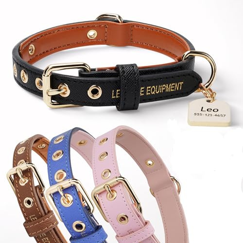 Leone Equipment Hundehalsband aus Leder-Mix | Lederhalsband-Hund verstellbar mit weicher Innenseite & Namensschild | Hundehalsband-Leder für Welpen, kleine & mittelgroße Hunde, Halsband-Hund SchwartzL
