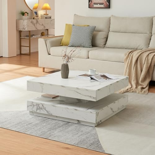[en.casa] Table Basse avec Plateau Carré Pivotant et Étagère Inférieure Table d'Appoint Design Intemporel pour Salon Chambre Panneau de Particules 76 x 76 x 38 cm Effet marbre Blanc