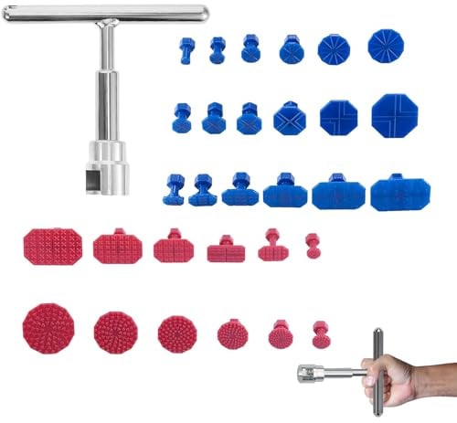 Kit sacabollos coche carrocería con 30 almohadillas rojas y azules, tirador tipo T acero resistente, extractor de abolladuras para carrocería vehículos y electrodomésticos