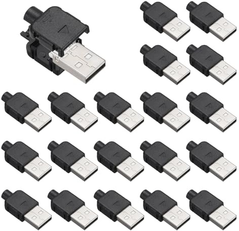 sourcing map 20Pcs USB 2.0 Type A Male Plug Connector, 4 Pin Solder Terminal with 3mm Cable Hole for DIY Cable Repair Kit, Power Supply, Microcontroller Project, Black, 33x16mm
