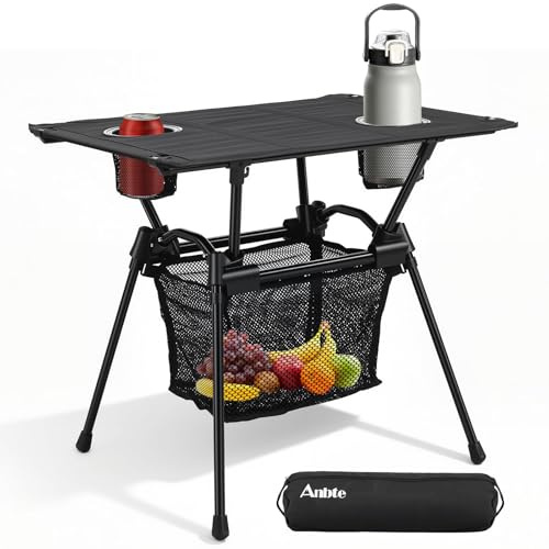 Anbte 2ft Ultralight Small Camping Table with 2 Cup holder, Aluminum Portable Camping Table with Mesh Storage Net WaterProof Fabric Tabletop, for Camping Hiking, Tailgating Beach Picnic Travel, Black