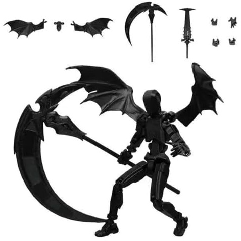 WANGHONGGOGO T13 Actionfigur, 3D gedrucktes Actionfiguren Set, mehrgelenkiges Actionfiguren mit 2 coolen Waffen und 6 Händen und Flügeln Glücksgeschenk Desktop Ornament ((Schwarz))