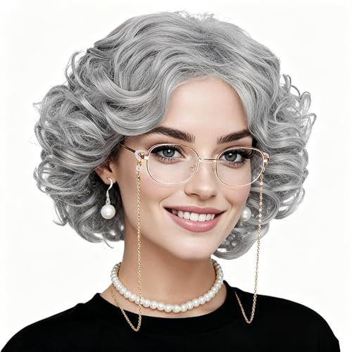 oeeo 8er Set Alte Dame Perücke,Old Lady Kostüm Großmutter Cosplay Zubehör,Kunstperlenkette und Brillenketten, Oma-Perückenkappe für Halloween, Weltbuchtag, Maskerade, Karneval