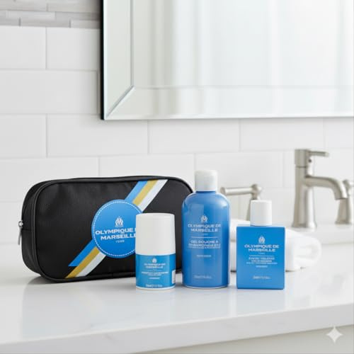 OLYMPIQUE DE MARSEILLE Coffret Cadeau OM Homme, Trousse de Toilette avec Gel Douche 250ml, Déodorant 50ml, Eau de Toilette 50ml