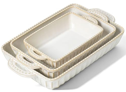 Feenmai Casserole Dish for Oven, Ceramic Baking Dishes Set, Vintage Hobnail Bakeware Sets of 3, Rectangular Baking Pan, Deep Lasagna Pan with Handle for Cake, Wedding Kitchen Gift, 13.77“/11.6/8.85