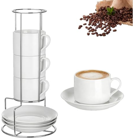Lot de 4 tasses à expresso avec soucoupes, tasses à expresso, tasses à expresso en céramique avec support, pour cappuccino, latte et thé, tasses à moka