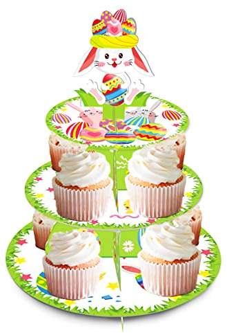 3 Etagen Tortenständer Oster Cupcake Ständer mit Osterhasen-Motiven,Kuchenständer aus Pappe Dessert Turm für Tortenaufleger Ostern Deko Geburtstag Tortendeko Geburtstagsparty Hochzeiten Dekorationen
