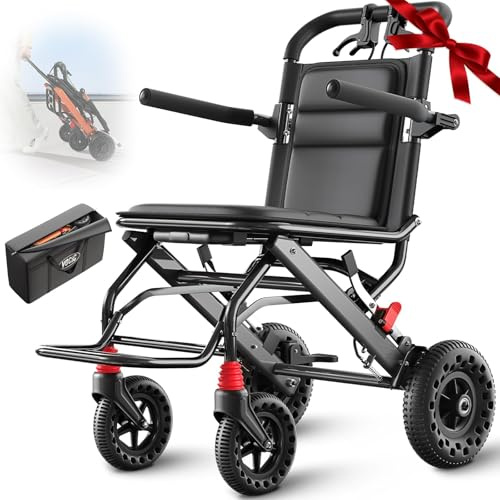 VOCIC U41 Rollstuhl Faltbar Leicht Ultraleichter Reiserollstuhl 8.6KG | Transportrollstühle klappbar,20CM Honeycomb Gelände Reifen,Schmaler Rollstuhl für Wohnung,Aluminium|Nachtmohrschwarz