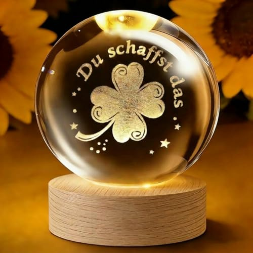 BBTO Du Schaffst Das Kleeblatt Glückslicht Kristallkugel, Du Schaffst Das | Vierblättriges Kleeblatt, mit LED Holzsockel, Geschenk für Frauen, Glücksbringer für Abitur 2026, Konfirmation, Prüfung