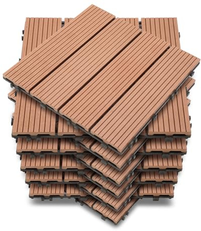 Vkechh WPC Terrassenfliesen, Klickfliesen Terrasse und Balkonfliesen in 30x30 cm Braun. Terrassendielen mit Drainage, 11 Stück (1 m²) als wetterfester Bodenbelag.