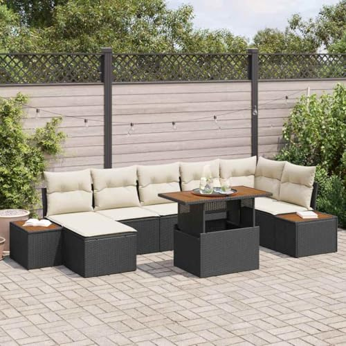 QUAHEAS Garten-Sofa-Set mit Speicher 8-teilig Schwarz aus Poly Rattan, modulares Lounge-Möbel für Terrasse und Balkon, wetterfestes Outdoor-Sofa mit Kissenbox