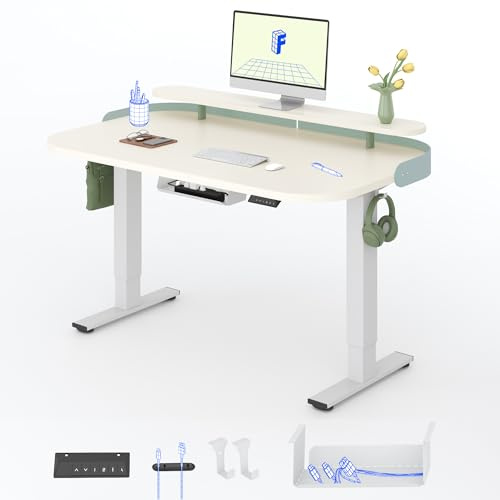 FLEXISPOT Elektrisch höhenverstellbarer Schreibtisch 120x80 cm – mit Monitoraufsatz und seitlichem Lederband, 71,5–116 cm, leiser Motor, stabil für Homeoffice (mousseweiß + Weiß Gestell)