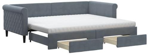 Foknhdi Tagesbett Ausziehbar 90x200 Dunkelgrau Samt 2 Matratzen & Bettschubladen Modernes Design Robust für Wohnzimmer Gästezimmer Teenagerzimmer