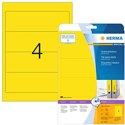 HERMA 5096 Ordnerrücken Etiketten kurz breit, 20 Blatt, 192 x 61 mm, 4 pro A4 Bogen, 80 Stück, selbstklebend, bedruckbar, blickdicht, blanko Papier Ordneretiketten Rückenschilder Aufkleber, gelb