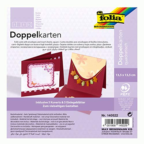 folia 140522 - Doppelkarten ca. 13,5 x 13,5 cm, je 5 Karten (220 g/qm), Kuverts und Einlagen, dunkelrot - ideal für Einladungen, Glückwunsch- oder Grußkarten