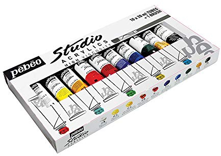 Pébéo - Studio Acrylics Etui 10 Tubes de 20 ml Assortis et Pinceau - Kit Tubes de Peinture Acrylique et Pinceau – Assortiment Pébéo Acrylique – 10 tubes de 20 ml, blanc