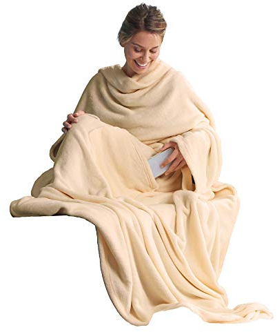 CelinaTex TV-Decke mit Ärmeln und Fußtasche Flauschige Kuscheldecke XL 170 x 200 cm beige Mikrofaser Fleece Soft Oeko-TEX
