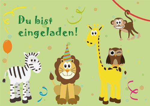 10 Einladungskarten bunte Tiere DU bist eingeladen + 2 Geburtstagskarten 1126+1109+1112