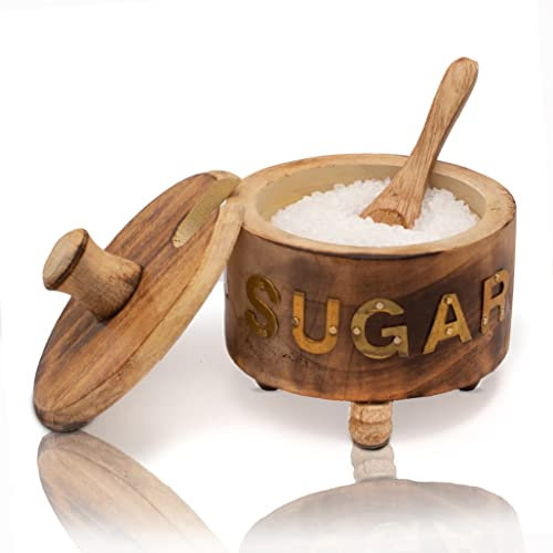 Dekorative rustikale Zuckerdose aus Holz mit Deckel, breite Öffnung, für Süßigkeiten, Gewürzdosen, Nüsse, Servierschüssel, Salz, Gewürze, Kräuter, lose Blätter, Tee-Aufbewahrungsbehälter, Neuheit