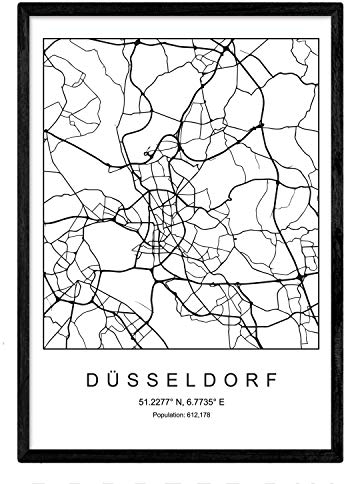 Nacnic Karte der Stadt Düsseldorf nordischer Stil in Schwarzweiss. Poster A4 mit schwarzem Rahmen gedrucktes Papier 250 gr. Bilder, Bettwäsche und Poster für Salon und Schlafzimmer