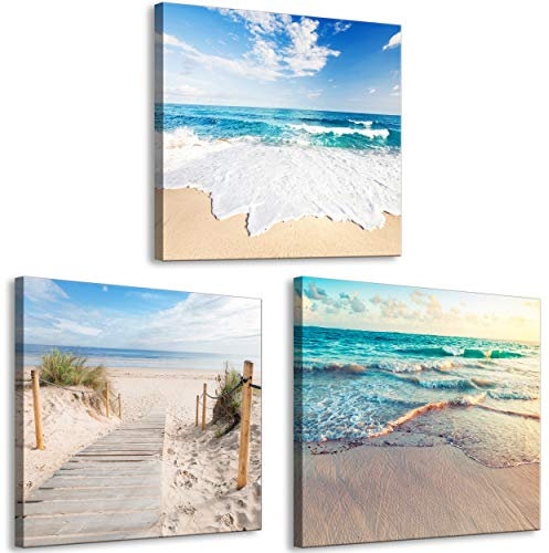 decomonkey Bilder Set Strand Meer 180x60 cm 3 Teilig Wandbild Groß Leinwandbild XXL Deko Wohnzimmer Schlafzimmer Büro Wanddeko Leinwand Pictures For Wall Poster Wall Painting Natur Landschaft