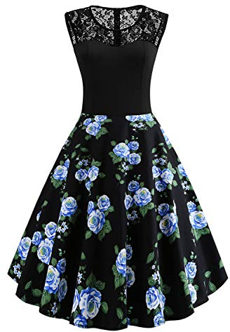Axoe Damen 50er Jahre Rockabilly Kleid mit Blumenmuster Ärmellos, Farbe12, M (40 EU)