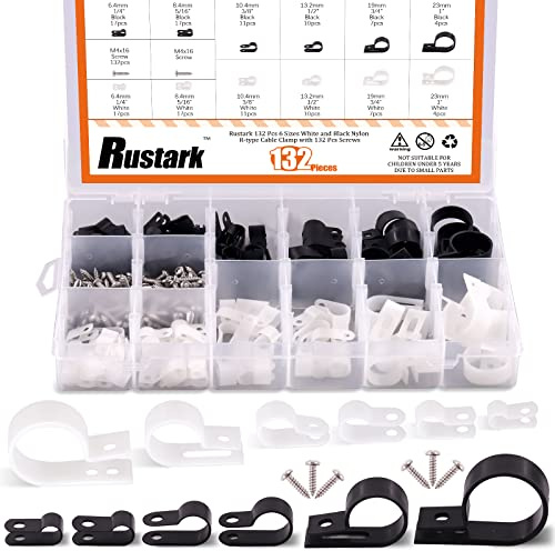 Rustark Lot de 132 serre-câbles de 6 tailles en nylon blanc et noir de type R pour organiser les câbles, attaches de câble, fixations à vis, pinces électriques avec 132 vis pour la gestion des fils