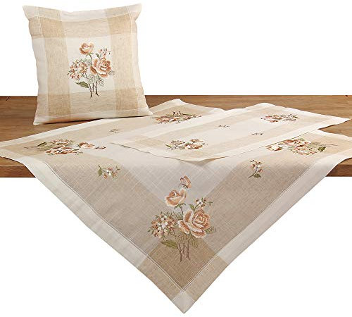 Quinnyshop Kissenhülle Bestickt Mit Bronze Rosen Blumen auf Ecru Beige Halb Leinen, ca. 40 x 40 cm