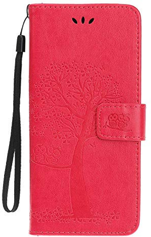 Skhawen for iPhone 11 Case, Flip Shockproof PU Leather Embossed Owl Wallet Magnetic Cover for iPhone 11 with Card Holder Viewing Stand, Deep Pink