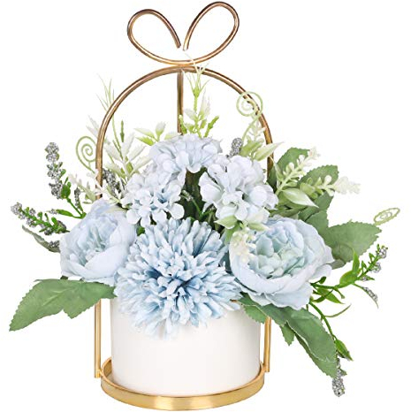 Hobyhoon Artificial Silk Flowers with Vase Fake Hydrangea & Chrysanthemum Floral Arrangement for Home Wedding Decor, Table Centerpiece, Living Room Desk Decoration