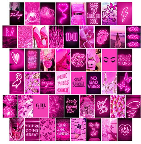 WOONKIT Wandcollage-Set, rosa Neon, Hot Pink, Raumdekoration, Schlafzimmer-Dekor für Teenager-Mädchen, rosa Raumdekoration, ästhetisch, rosa Poster, Hot Girl-Poster, Hot Pink, Wandcollage, 50 Stück,