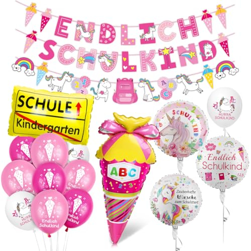 Einschulung Schuleinführung Schulanfang Deko, Endlich Schulkind Mädchen Deko, Einhorn Schule Einschulung Geschenk, HURRA SCHULKIND Schule Folienballon + Unicorn Banner +Zuckertüte Luftballons mit ABC