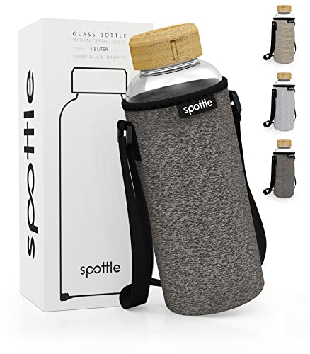 spottle Glasflasche 1,5 liter - Trinkflasche Glas 1,5 L mit Deckel - Glass bottle - Wasserflasche - Glastrinkflasche für Kohlensäure geeignet - spülmaschinenfest (Schwarz meliert, 1500ml / 1,5 Liter)