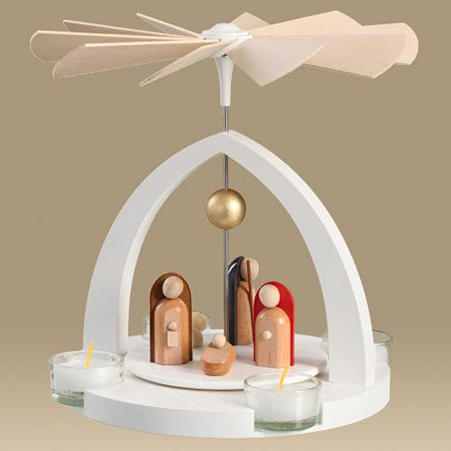 Rudolphs Schatzkiste Tischdekoration Teelichtpyramide Christi Geburt weiß Höhe 23cm NEU Tischdekoration Dekoration Weihnachten Wärmespiel Lichter Figur Holz Seiffen Erzgebirge Holz Flügel Kerzen