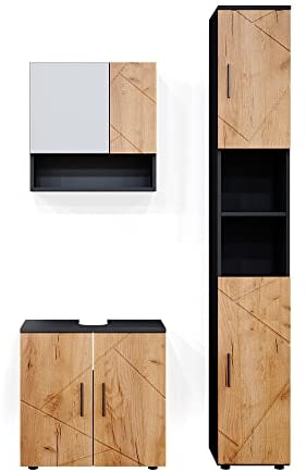 Vicco Badmöbel-Set Irma, Badezimmerschrank-Set, Anthrazit/Eiche, 3 Teile, mit Hochschrank