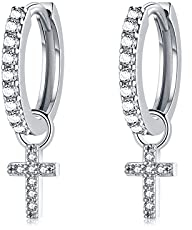 Creolen Silber Ohrringe mit Kreuz Anhänger für Mädchen Frauen | Klein Zirkonia Silber Ohrhänger Mädchen Huggie 925 Silber Ohrringe Creolen Set