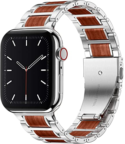 Oielai Holz Band Kompatibel mit Apple Watch Armband 45mm 46mm 44mm 42mm 49mm, Edelstahl Metall mit Sandelholz Armband für Apple Watch Ultra/iWatch Series 10 9 8 7 SE 6 5 4 3 2 1, Silber/Sandelholz